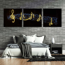 Load image into Gallery viewer, music  lights  canvas  wall  art  black  background  isolated  music  3  piece  canvas  set  golden  music  notes  triptych  canvas  print For Bedroom
