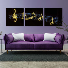 Load image into Gallery viewer, music  lights  canvas  wall  art  black  background  isolated  music  3  piece  canvas  set  golden  music  notes  triptych  canvas  print In Living Room
