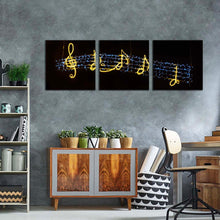 Load image into Gallery viewer, music  lights  canvas  wall  art  black  background  isolated  music  3  piece  canvas  set  golden  music  notes  triptych  canvas  print
