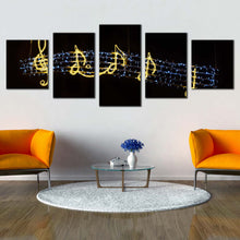 Load image into Gallery viewer, music notes canvas wall art golden music lights 5 piece canvas print black modern music symbols multi canvas In Living room
