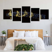 Load image into Gallery viewer, music notes canvas wall art golden music lights 5 piece canvas print black modern music symbols multi canvas For Your Bedroom
