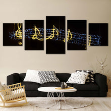 Load image into Gallery viewer, music notes canvas wall art golden music lights 5 piece canvas print black modern music symbols multi canvas For Living Room
