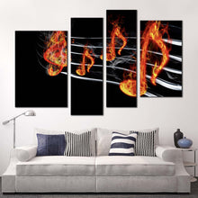 Load image into Gallery viewer, music notes canvas wall art modern music notes on fire 4 piece print black abstract curved music multi canvas artwork for your living room 
