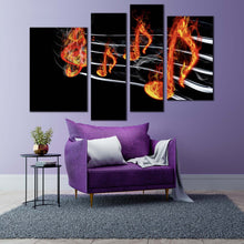 Load image into Gallery viewer, music notes canvas wall art modern music notes on fire 4 piece print black abstract curved music multi canvas artwork
