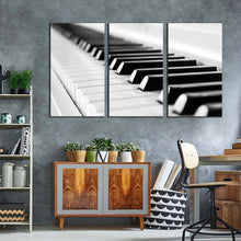 Load image into Gallery viewer, music piano canvas wall art music instrument canvas 3 piece canvas print black white piano key close up triptych canvas set
