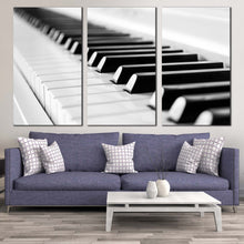 Load image into Gallery viewer, music piano canvas wall art music instrument canvas 3 piece canvas print black white piano key close up triptych canvas set In Living Room
