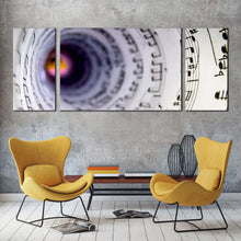 Load image into Gallery viewer, music sheet canvas wall art black musical notes 3 piece multiple canvas white music notes tunnel triptych canvas print In Living Room
