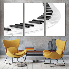 Load image into Gallery viewer, music spiral canvas wall art white piano 3d abstract 3 piece multiple canvas black piano keyboard illustration canvas print In Living Room
