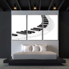 Load image into Gallery viewer, music spiral canvas wall art white piano 3d abstract 3 piece multiple canvas black piano keyboard illustration canvas print For Bedroom
