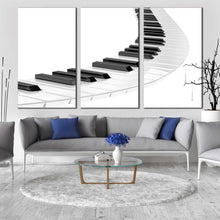 Load image into Gallery viewer, music spiral canvas wall art white piano 3d abstract 3 piece multiple canvas black piano keyboard illustration canvas print For Living Room
