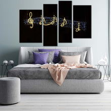 Load image into Gallery viewer, music symbols canvas wall art black modern music symbols canvas print golden music notes lights 4 piece multiple canvas for bedroom
