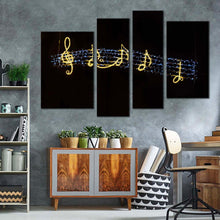 Load image into Gallery viewer, music symbols canvas wall art black modern music symbols canvas print golden music notes lights 4 piece multiple canvas for your living room 
