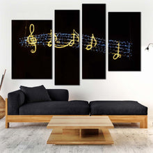 Load image into Gallery viewer, music symbols canvas wall art black modern music symbols canvas print golden music notes lights 4 piece multiple canvas
