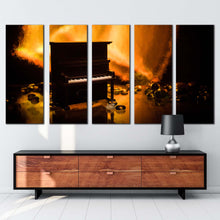 Load image into Gallery viewer, musical instrument canvas print orange abstract piano elegance 5 piece canvas wall art isolated black grand piano multiple canvas
