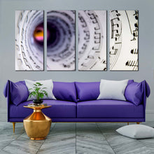 Load image into Gallery viewer, musical notes canvas wall art white music notes tunnel 4 piece canvas print abstract black music note swirl canvas set For Your Living room
