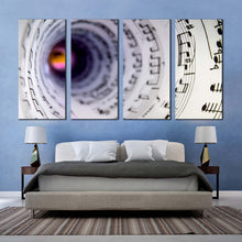 Load image into Gallery viewer, musical notes canvas wall art white music notes tunnel 4 piece canvas print abstract black music note swirl canvas set For Bedroom
