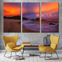 Load image into Gallery viewer, nambucca heads canvas wall art australia dramatic orange sky ocean triptych canvas print brown wellington beach 3 piece canvas set In Living Room
