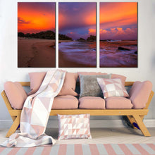 Load image into Gallery viewer, nambucca heads canvas wall art australia dramatic orange sky ocean triptych canvas print brown wellington beach 3 piece canvas set For Living Room
