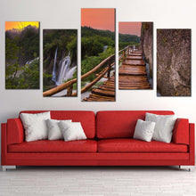 Load image into Gallery viewer, national park canvas wall art plitvice lake green forest waterfall 5 piece multiple canvas brown landscape bridge waterfall scenery canvas print In Living room
