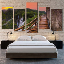 Load image into Gallery viewer, national park canvas wall art plitvice lake green forest waterfall 5 piece multiple canvas brown landscape bridge waterfall scenery canvas print For Your Bedroom
