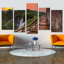 Load image into Gallery viewer, national park canvas wall art plitvice lake green forest waterfall 5 piece multiple canvas brown landscape bridge waterfall scenery canvas print For Living room
