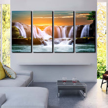 Load image into Gallery viewer, nature landscape sunrise waterfall mountain clouds morning 4 pc wall art In Living Room
