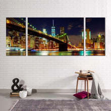 Load image into Gallery viewer, new york canvas print blue sky nyc river reflection 3 piece multiple canvas colorful manhattan skyline brooklyn bridge canvas wall art
