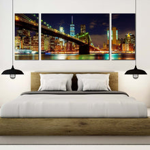 Load image into Gallery viewer, new york canvas print blue sky nyc river reflection 3 piece multiple canvas colorful manhattan skyline brooklyn bridge canvas wall art For Bedroom
