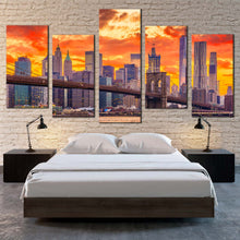 Load image into Gallery viewer, new york canvas print brown brooklyn bridge 5 piece canvas wall art yellow orange manhattan skyline multi canvas artwork In Bedroom
