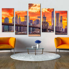 Load image into Gallery viewer, new york canvas print brown brooklyn bridge 5 piece canvas wall art yellow orange manhattan skyline multi canvas artwork In Living room
