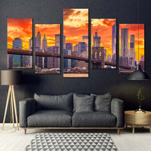 Load image into Gallery viewer, new york canvas print brown brooklyn bridge 5 piece canvas wall art yellow orange manhattan skyline multi canvas artwork For Living room
