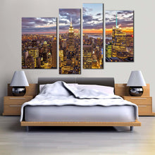 Load image into Gallery viewer, new york canvas print dramatic cloudy grey sky cityscape 4 piece canvas wall art empire state building canvas set yellow city skyline multiple canvas for bedroom
