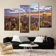 Load image into Gallery viewer, new york canvas print dramatic cloudy grey sky cityscape 4 piece canvas wall art empire state building canvas set yellow city skyline multiple canvas for your living room 
