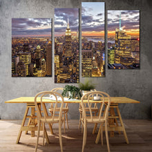 Load image into Gallery viewer, new york canvas print dramatic cloudy grey sky cityscape 4 piece canvas wall art empire state building canvas set yellow city skyline multiple canvas
