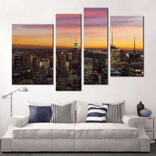 Load image into Gallery viewer, new york canvas wall art beautiful grey midtown manhattan skyline canvas print yellow sky nyc cityscape 4 piece multiple canvas in living room
