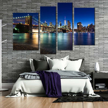 Load image into Gallery viewer, new york canvas wall art beautiful nyc night 4 piece canvas blue sky brooklyn bridge canvas print black manhattan cityscape multiple canvas for bedroom
