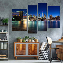 Load image into Gallery viewer, new york canvas wall art beautiful nyc night 4 piece canvas blue sky brooklyn bridge canvas print black manhattan cityscape multiple canvas for your living room 
