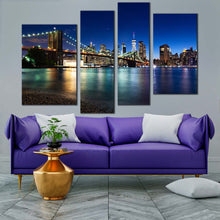 Load image into Gallery viewer, new york canvas wall art beautiful nyc night 4 piece canvas blue sky brooklyn bridge canvas print black manhattan cityscape multiple canvas
