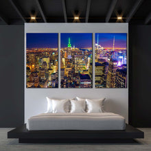 Load image into Gallery viewer, new york canvas wall art blue sky cityscape 3 piece multi canvas yellow manhattan skyline canvas print In Bedroom
