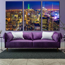 Load image into Gallery viewer, new york canvas wall art blue sky cityscape 3 piece multi canvas yellow manhattan skyline canvas print In Living Room
