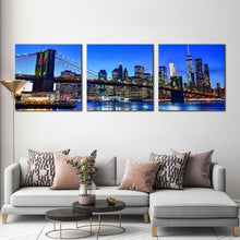 Load image into Gallery viewer, new  york  canvas  wall  art  blue  sky  manhattan  cityscape  3  piece  canvas  set  black  brooklyn  bridge  triptych  canvas  print For Living Room
