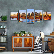 Load image into Gallery viewer, new york canvas wall art brooklyn bridge at blue sky 5 piece canvas print brown manhattan cityscape multiple canvas
