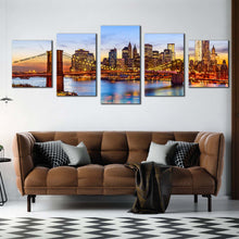 Load image into Gallery viewer, new york canvas wall art brooklyn bridge at blue sky 5 piece canvas print brown manhattan cityscape multiple canvas In Your Living room
