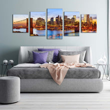 Load image into Gallery viewer, new york canvas wall art brooklyn bridge at blue sky 5 piece canvas print brown manhattan cityscape multiple canvas For Bedroom
