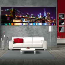 Load image into Gallery viewer, new york canvas wall art brooklyn bridge at purple sky 1 piece canvas print colorful manhattan cityscape canvas artwork In Living Room
