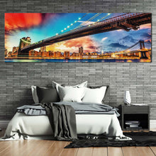 Load image into Gallery viewer, new york canvas wall art brooklyn bridge blue red sky 1 piece canvas artwork manhattan bridge canvas print In Bedroom
