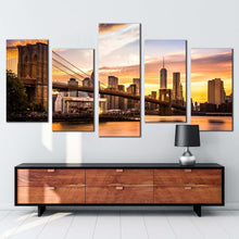 Load image into Gallery viewer, new york canvas wall art brown brooklyn bridge park 5 piece multi canvas manhattan yellow sunset canvas print nyc view from brooklyn canvas set In Living Room
