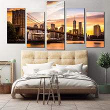 Load image into Gallery viewer, new york canvas wall art brown brooklyn bridge park 5 piece multi canvas manhattan yellow sunset canvas print nyc view from brooklyn canvas set For Bedroom
