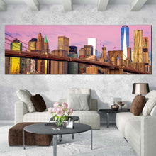 Load image into Gallery viewer, new york canvas wall art pink sky downtown manhattan 1 piece canvas artwork brown brooklyn bridge canvas print nyc freedom tower wide canvas In Living Room
