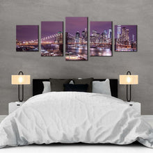 Load image into Gallery viewer, new york canvas wall art purple brooklyn bridge multi canvas artwork purple sky nyc river reflection 5 piece canvas print For Bedroom
